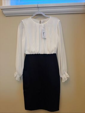 Ted Baker Two-Tone Long-Sleeve Sheath Dress in White and Navy
